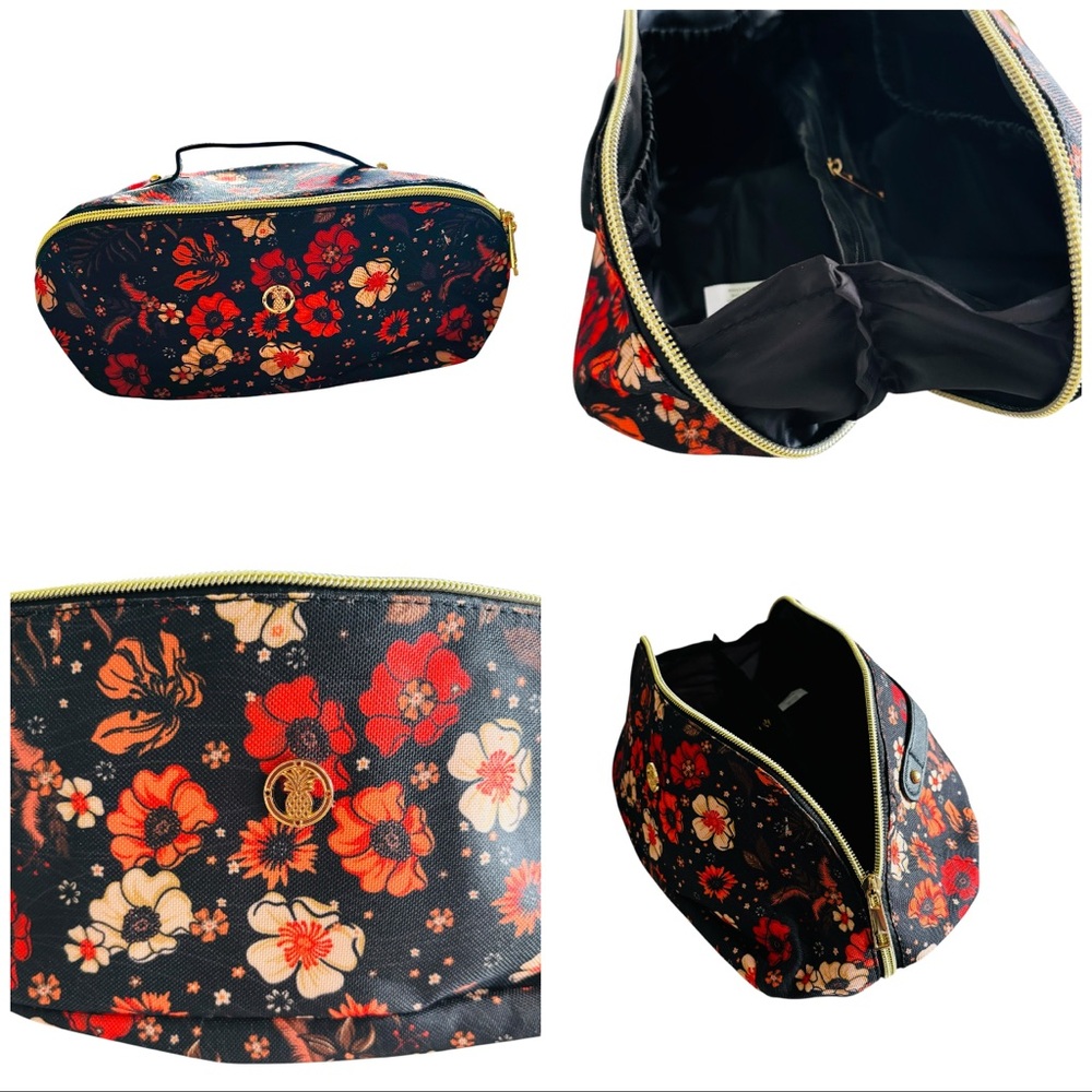 NWOT Simply Southern Black Red Orange Large Floral Cosmetic Bag with Gold Zipper